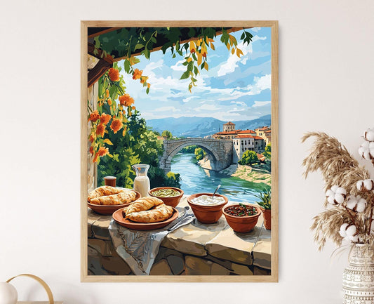 Affiche Petit-Déjeuner Macédonien – Poster Burek et Pont de Pierre