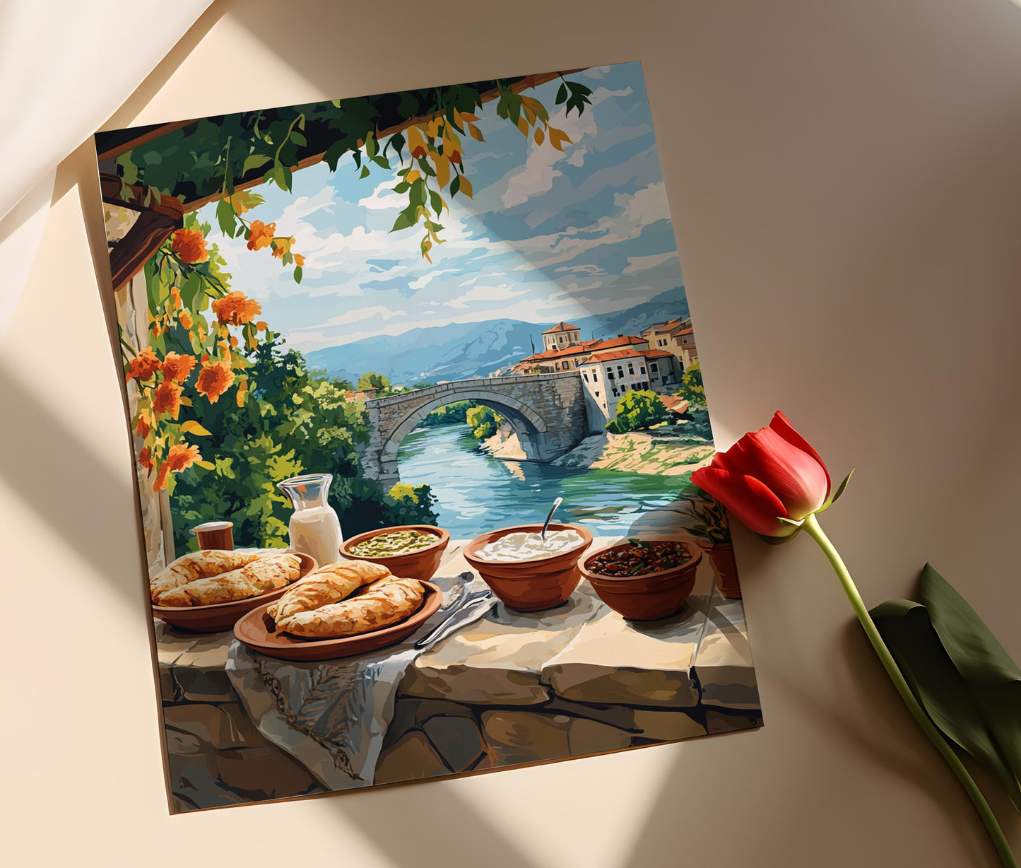 Affiche Petit-Déjeuner Macédonien – Poster Burek et Pont de Pierre