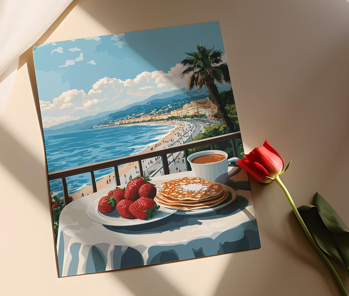 Affiche Petit Déjeuner à Nice – Poster Crêpes et Vue sur Promenade