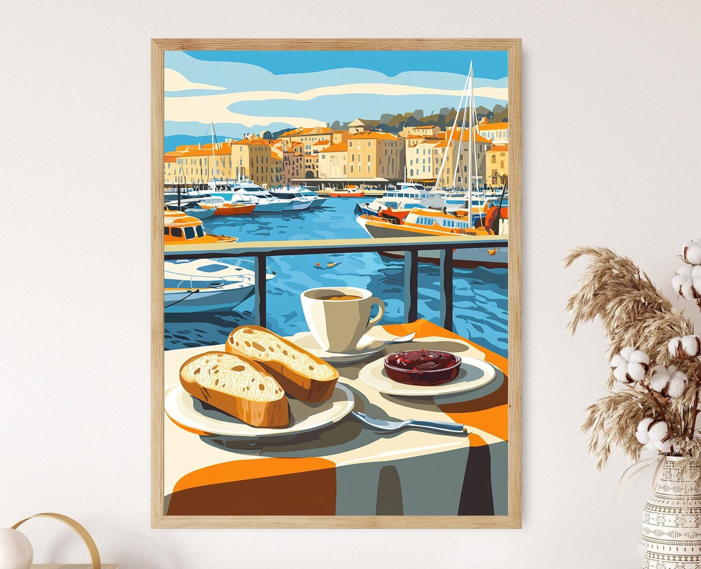 Affiche Marseille – Poster Petit Déjeuner avec Baguette, Art Côtier