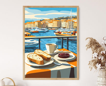 Affiche Marseille – Poster Petit Déjeuner avec Baguette, Art Côtier