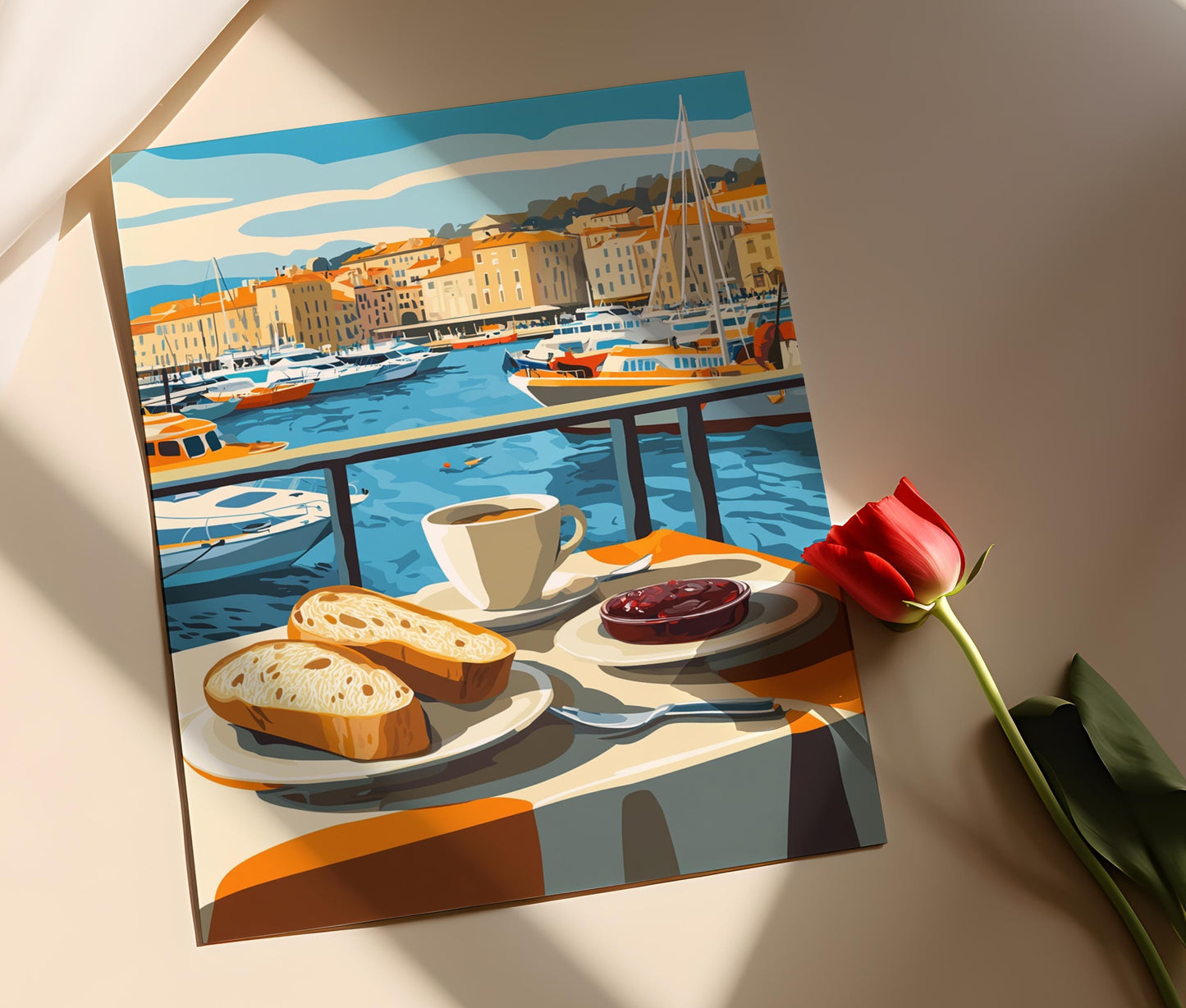 Affiche Marseille – Poster Petit Déjeuner avec Baguette, Art Côtier