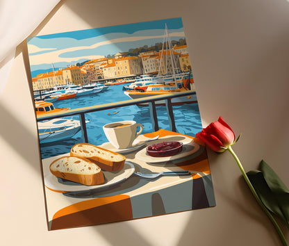 Affiche Marseille – Poster Petit Déjeuner avec Baguette, Art Côtier
