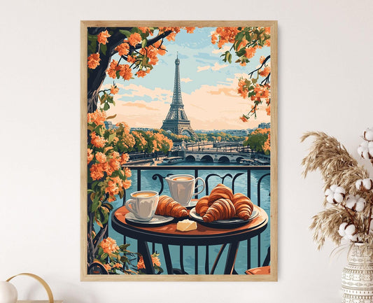 Affiche Petit-déjeuner français à Paris – Poster Art de Croissants et Tour Eiffel