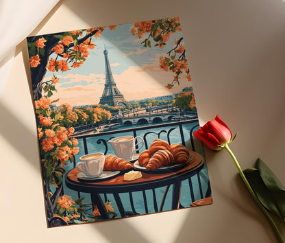 Affiche Petit-déjeuner français à Paris – Poster Art de Croissants et Tour Eiffel