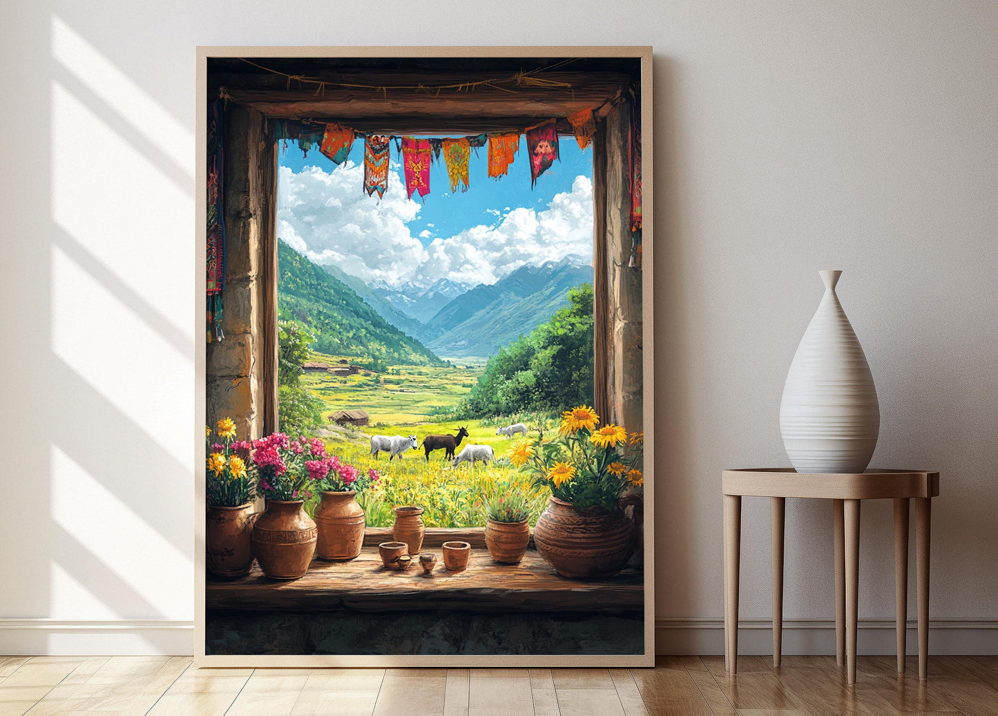 Affiche Ferme avec Yaks – Illustration de Fenêtre et Drapeaux Tibétains