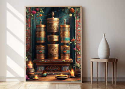 Affiche Roue de Prière Tibétaine – Illustration de Texte Sacré en Cuivre