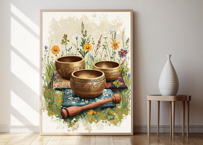 Affiche Bol Chantant Tibétain – Illustration Ornée avec Coussin