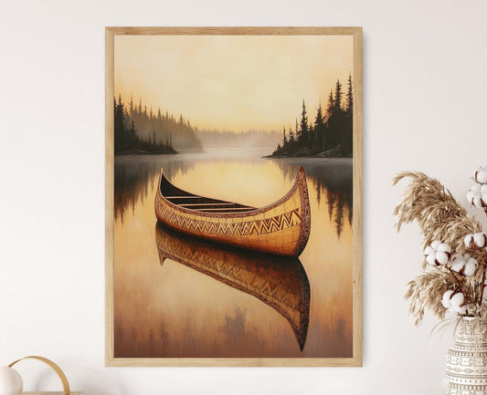 Affiche Canoë en Écorce de Bouleau Ojibwe – Art Amérindien de Lac