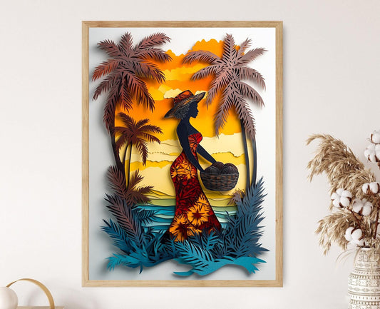 Affiche Femme Jamaïcaine – Poster Illustration avec Panier de Noix de Coco