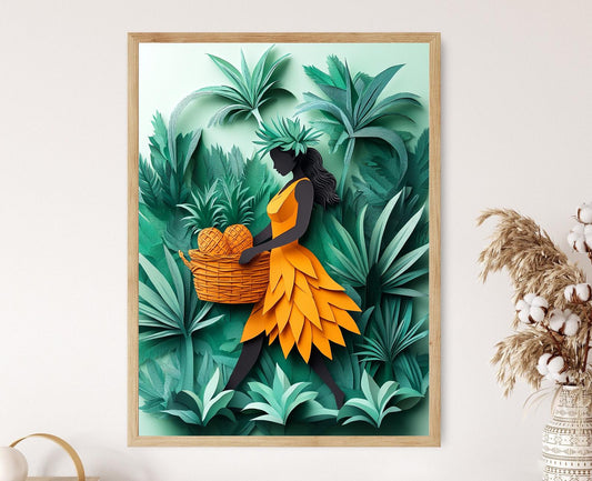 Affiche Panier d'Ananas – Illustration Femme de Tahiti