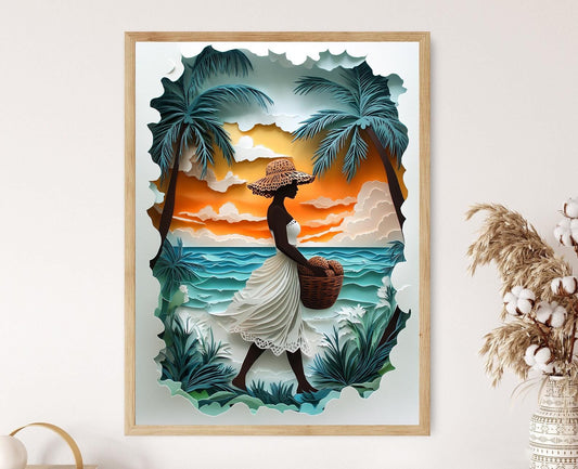 Affiche Femme de Barbade – Poster Illustration d'un Panier de Noix de Coco