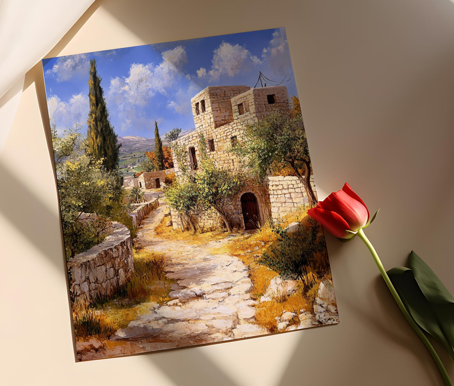 Affiche Village Palestinien – Impression artistique des maisons en pierre et oliviers