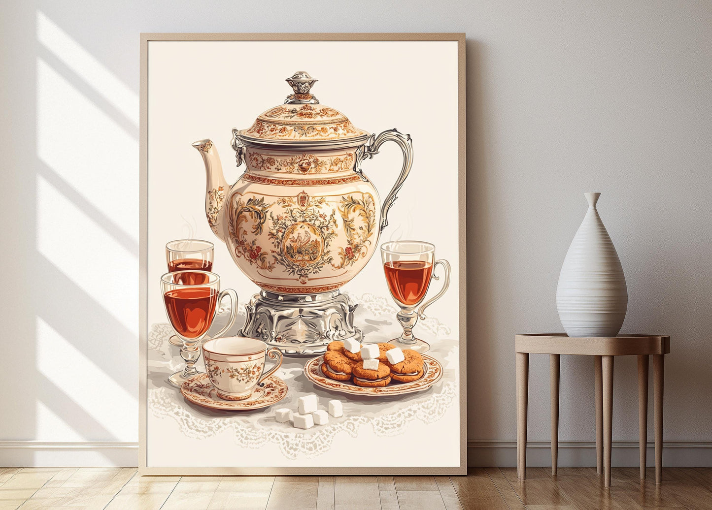 Affiche Samovar Russe – Imprimé Art de Théières et Biscuits Épicés