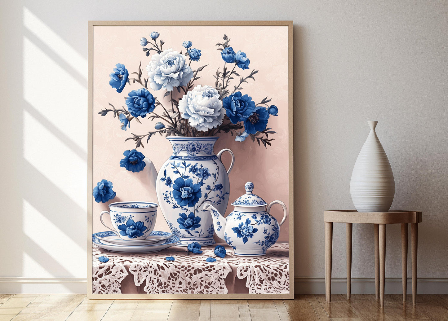 Affiche Gzhel Russe – Illustration en Porcelaine, Art Floral Bleu