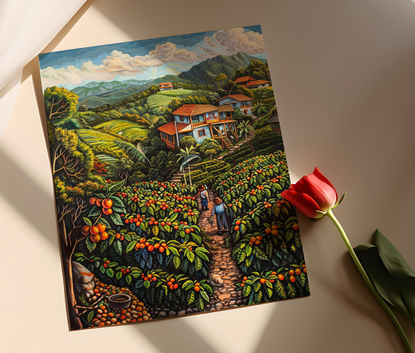 Affiche de Café Costaricain – Impression Art Déco d'une Ferme Tropicale