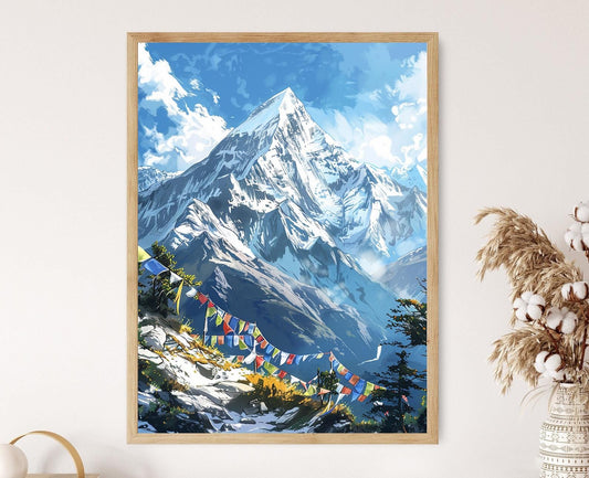 Affiche Mont Everest – Poster Paysage Majestueux avec Drapeaux de Prière