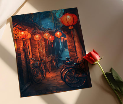 Affiche Beijing Hutong – Poster Art des Lanternes Rouges et Vélos