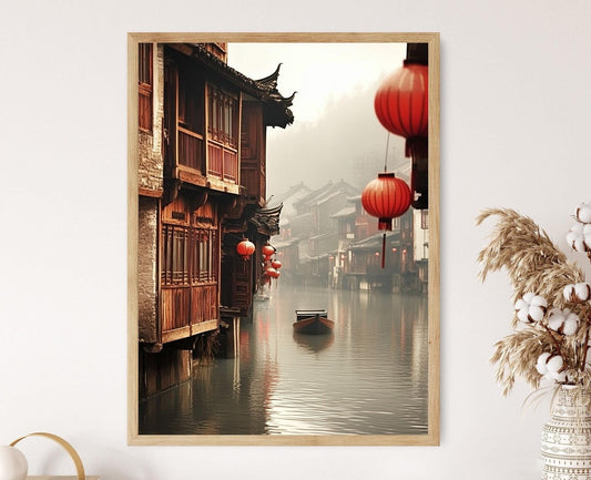 Affiche Fenghuang – Illustration des Maisons en Bois au Bord de l'Eau