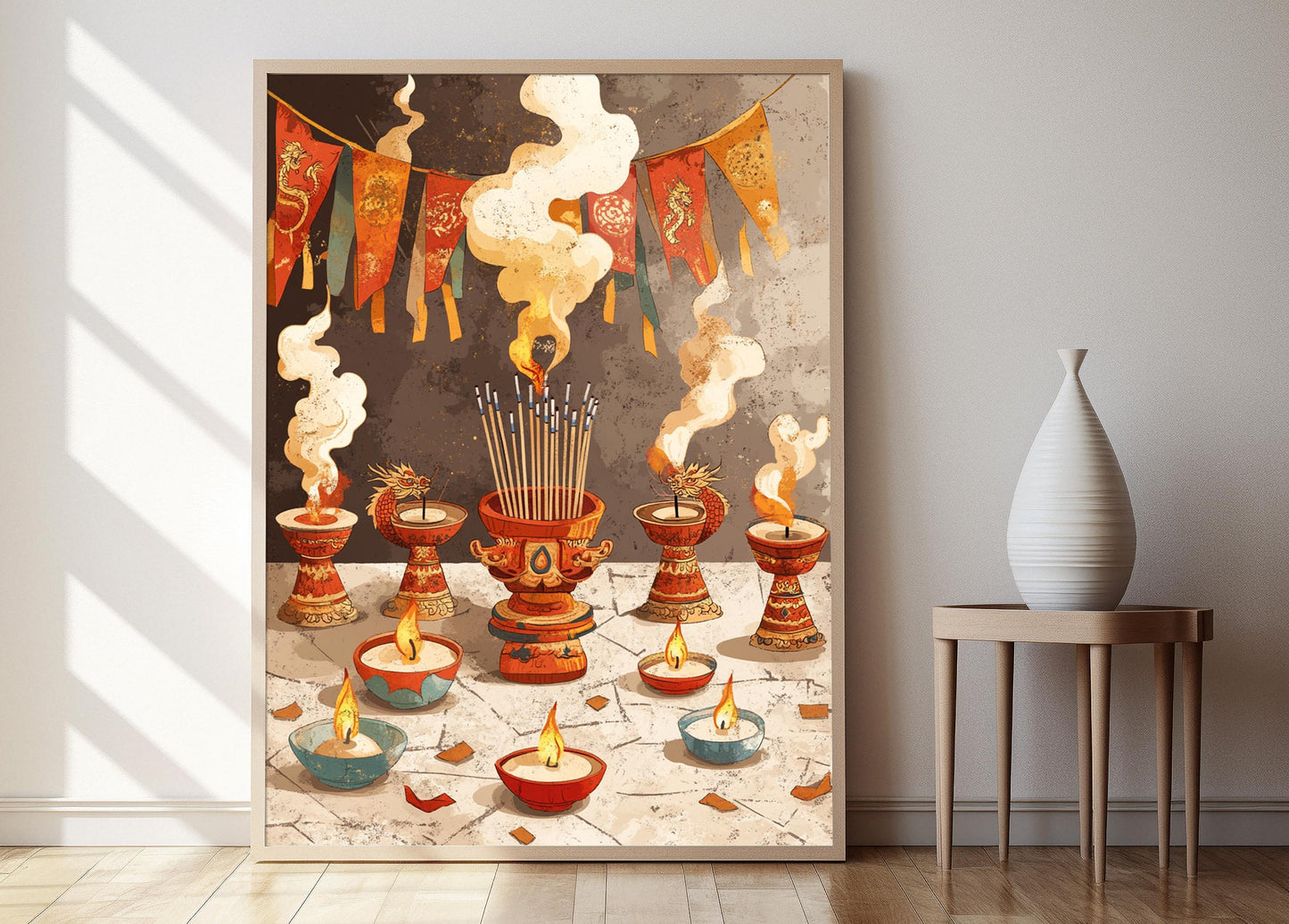 Affiche Dragon Tibétain – Illustration d'Encens en Bois Artisanale