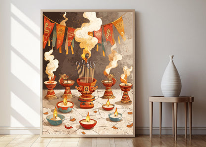Affiche Dragon Tibétain – Illustration d'Encens en Bois Artisanale