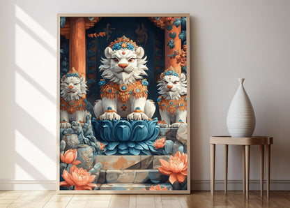 Affiche Lion des Neiges Tibétain – Illustration en Bois Folklorique