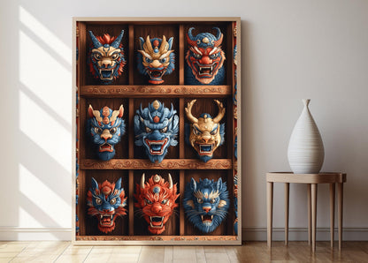 Affiche Masque Animal Spirituel Tibétain – Illustration Folklore en Bois