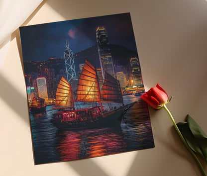 Affiche Port de Hong Kong – Poster Skyline de Victoria avec Junk Traditionnels