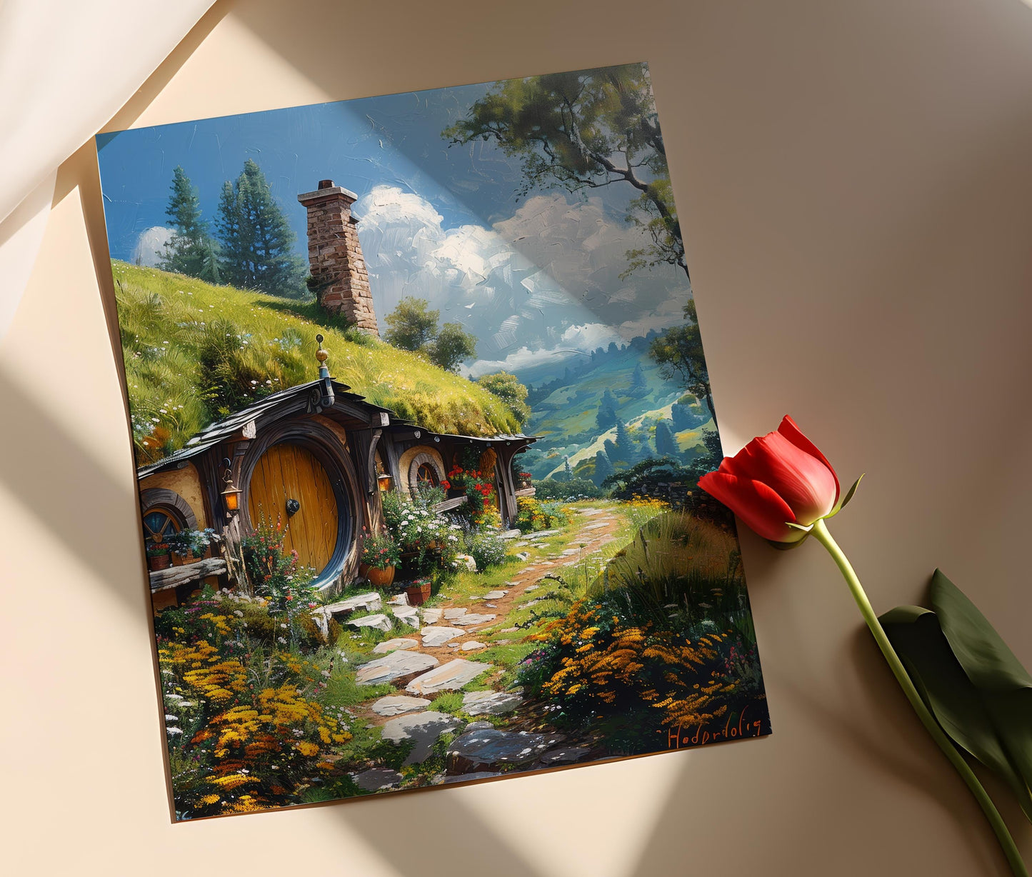 Affiche Hobbiton Charmant – Poster Collines Verdoyantes et Bourgade Pittoresque