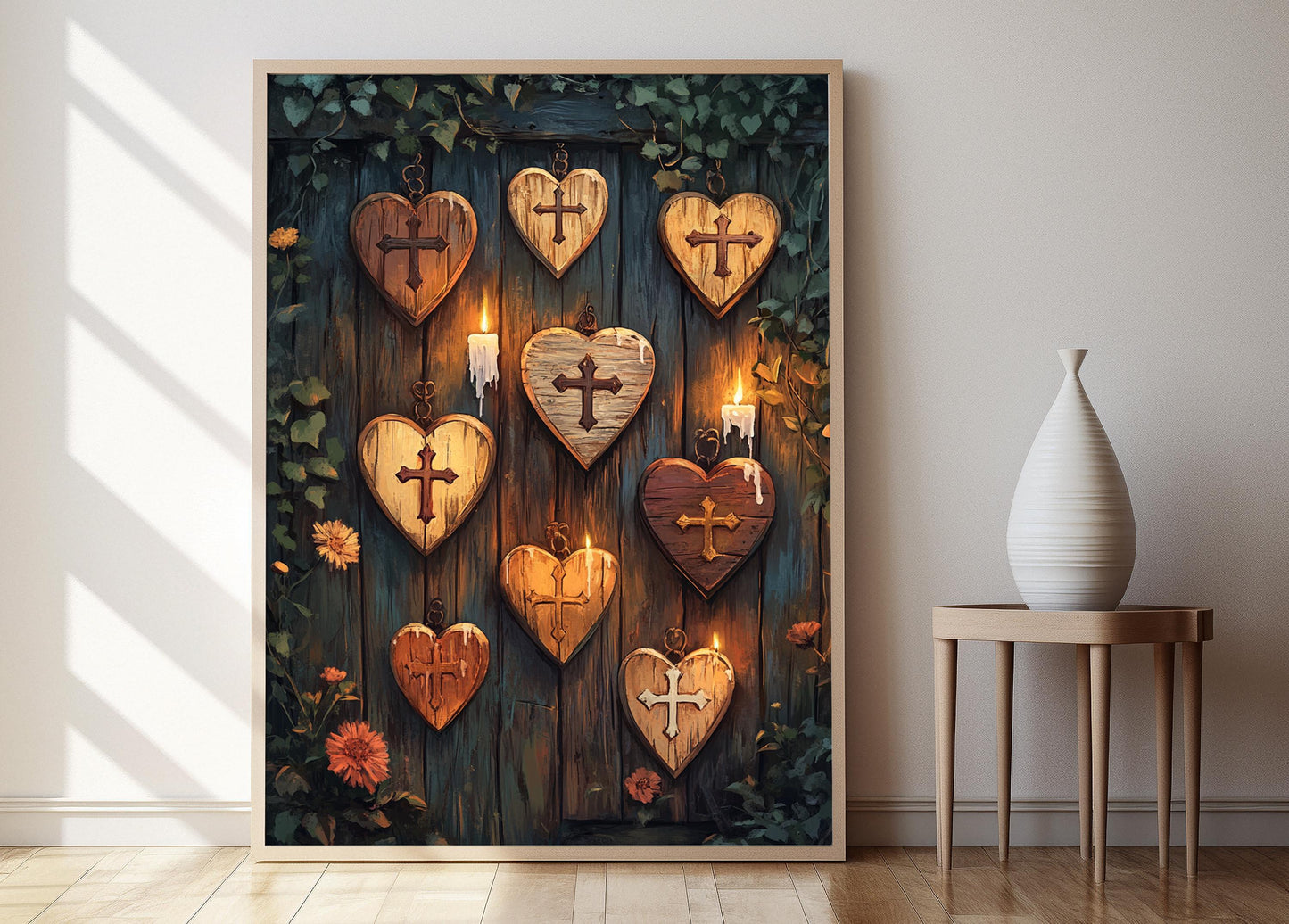 Affiche Plaque Cœur et Croix – Art Rustique en Bois de Foi