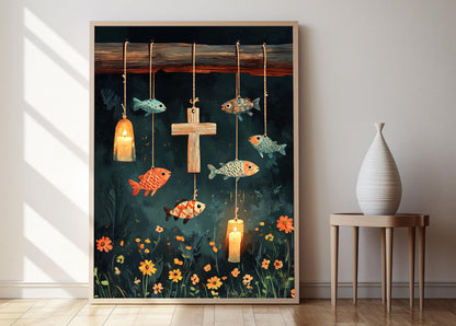 Affiche Croix Rustique et Poisson – Art Décoratif de Foi Chrétienne