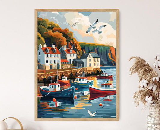 Affiche Village de pêche écossais – Poster Vue sur le port et la mer du Nord