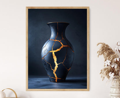 Affiche Vase Kintsugi – Décor Zen Wabi-Sabi, Impression Réparation Dorée