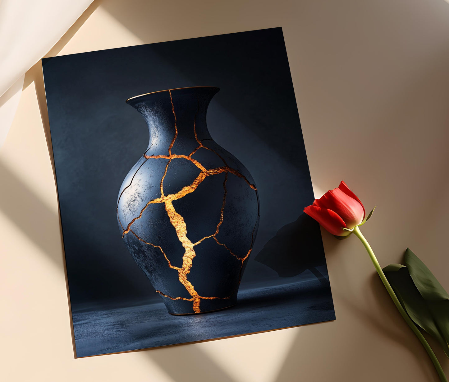 Affiche Vase Kintsugi – Décor Zen Wabi-Sabi, Impression Réparation Dorée
