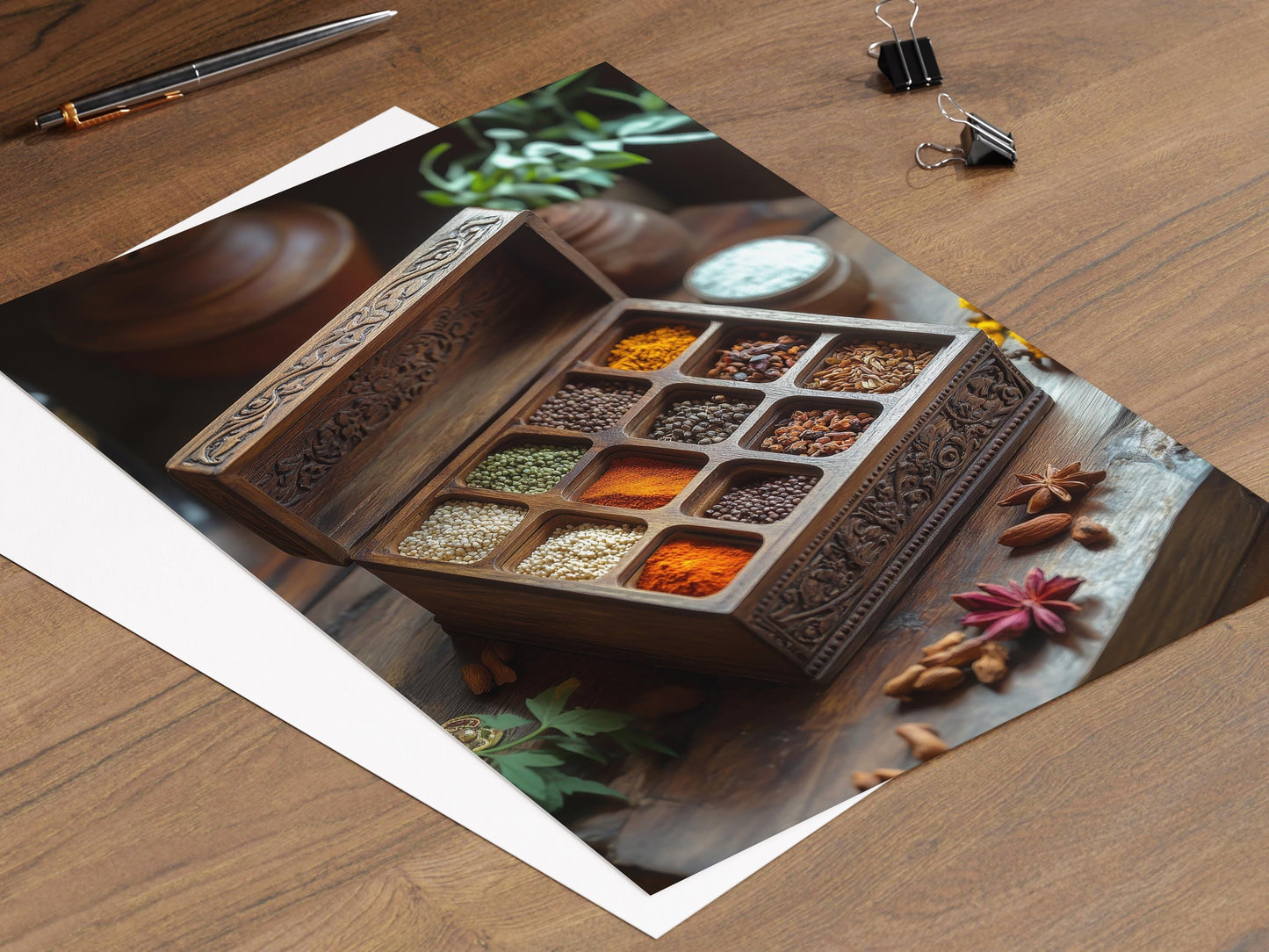 Affiche Épices Indiennes – Poster Illustration Boîte Masala en Bois