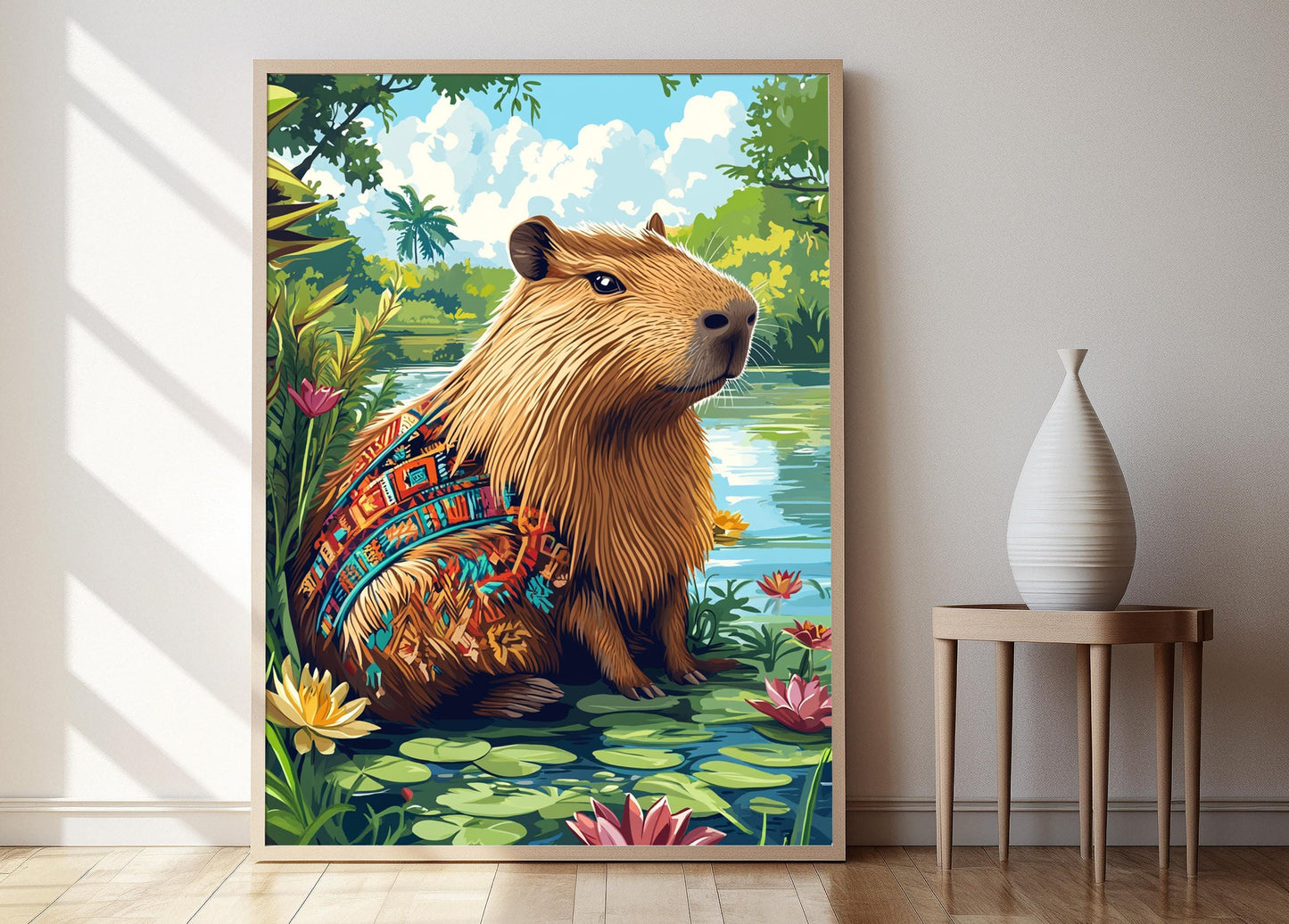 Affiche Capybara Colombien – Illustration avec motifs Wayuu et rivière