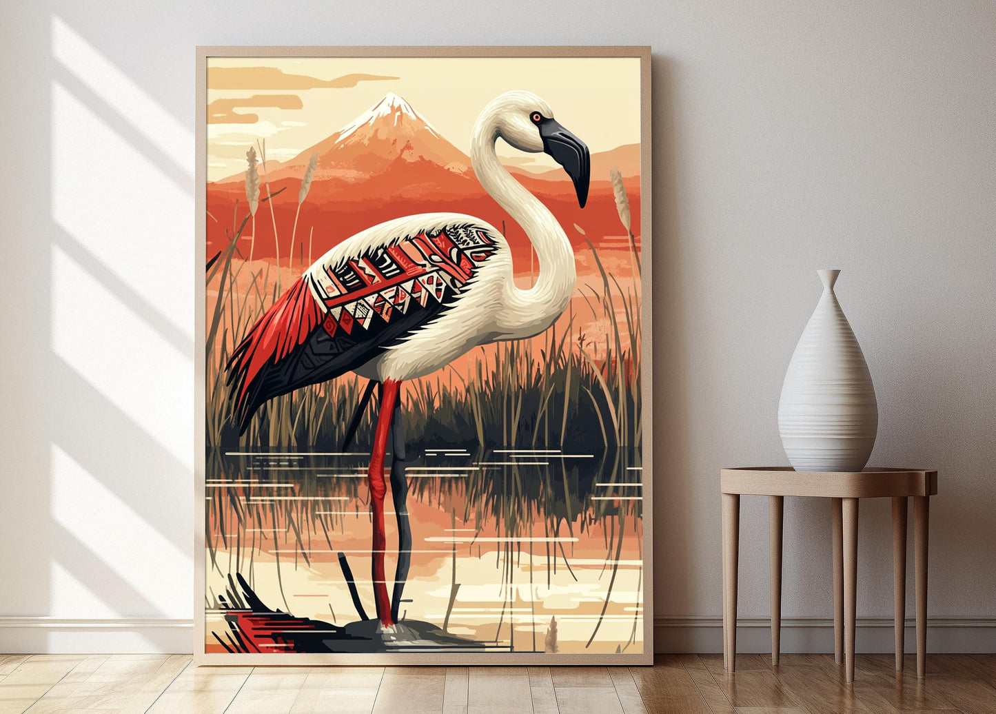 Affiche Flamant Rose Chilien – Impression Art avec Motifs Mapuche