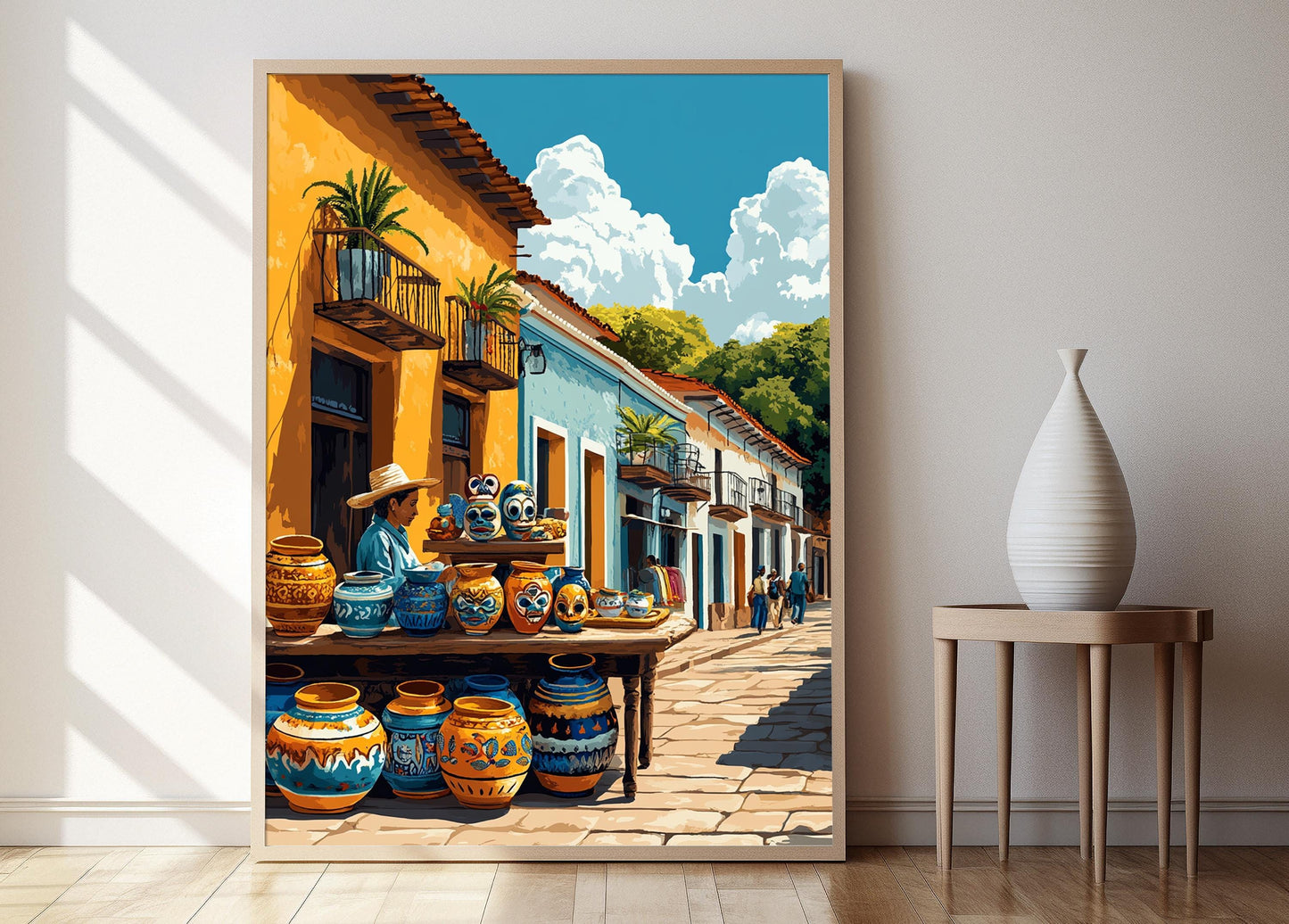 Affiche Léon – Illustration de vendeur de rue et masques traditionnels