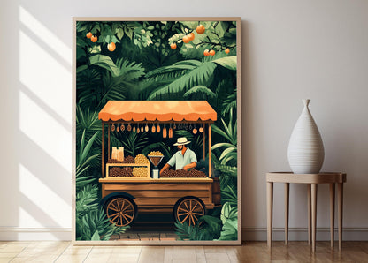 Affiche San José – Illustration de marchand ambulant, café et bijoux