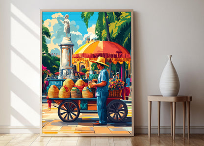 Affiche Marché de Managua – Illustration de jouets en bois et chapeaux tressés