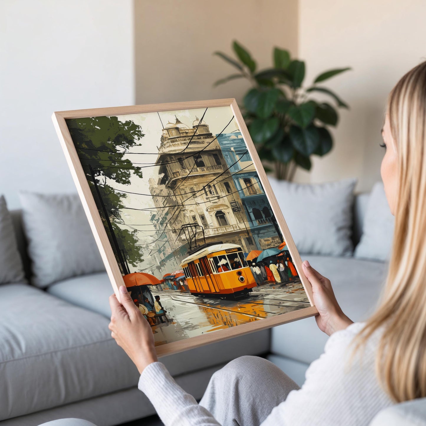 Affiche Tram de Kolkata – Poster Illustration Urbaine en Art Bengali