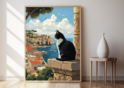 Affiche Chat de Pneu – Illustration des Ruines Romaines et Mer Méditerranée