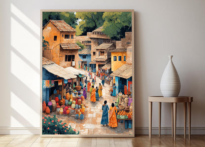 Affiche Art Folklorique Gujurati – Poster Vie Traditionnelle du Village