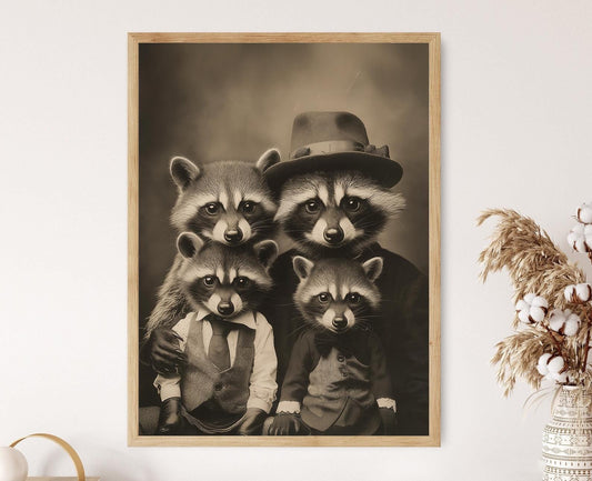Affiche Vintage de Famille de Raton Laveur – Art Animalier Sépia