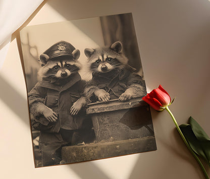 Affiche Raton Laveur Militaire – Impression Vintage de Portrait Animal