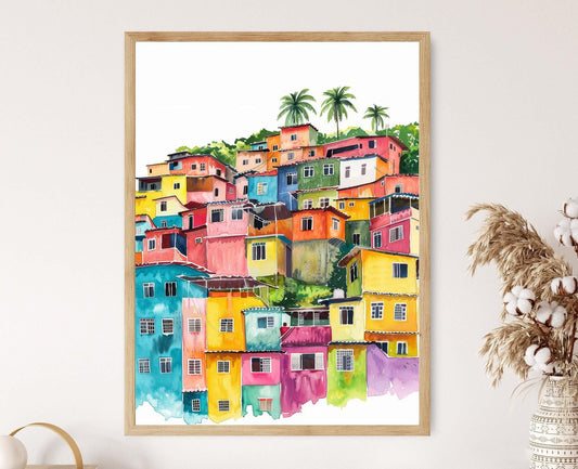 Affiche Favela Brésil – Poster Aquarelle Paysage Urbain de Rio