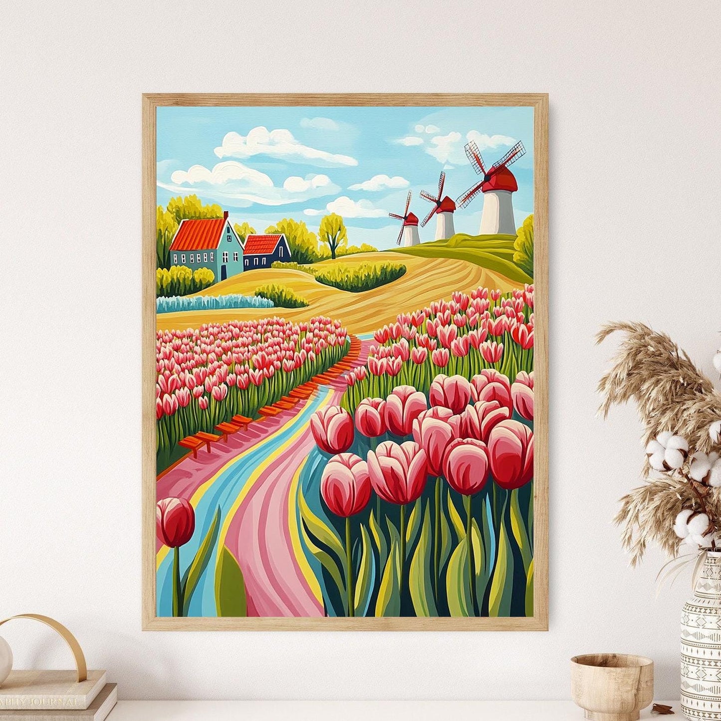 Affiche Festival des Tulipes – Poster Art Naïf avec Sabots et Moulins