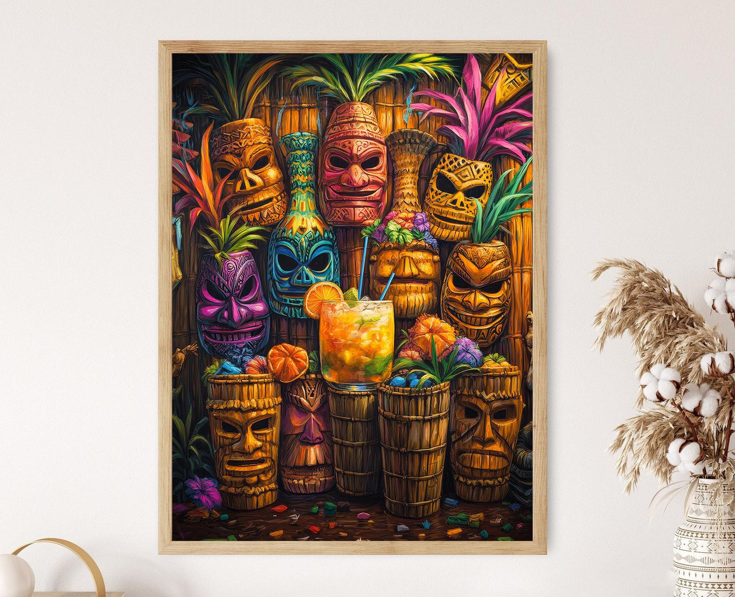 Affiche Tiki Hawaïenne – Poster avec masques colorés et cocktails tropicaux