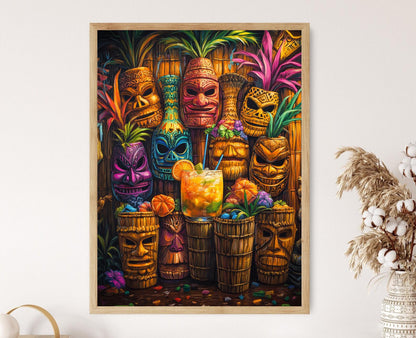 Affiche Tiki Hawaïenne – Poster avec masques colorés et cocktails tropicaux