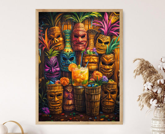 Affiche Tiki Hawaïenne – Poster avec masques colorés et cocktails tropicaux